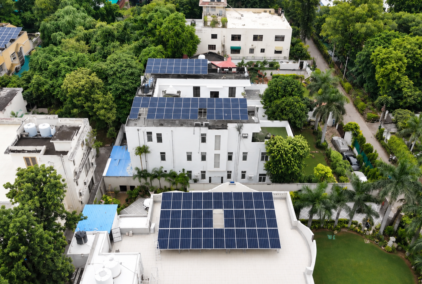 Aerial view of a residential rooftop solar installation