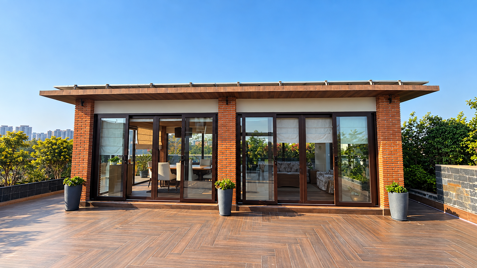 Rooftop luxury pod with solar panels on the roof, glass doors and wooden deck