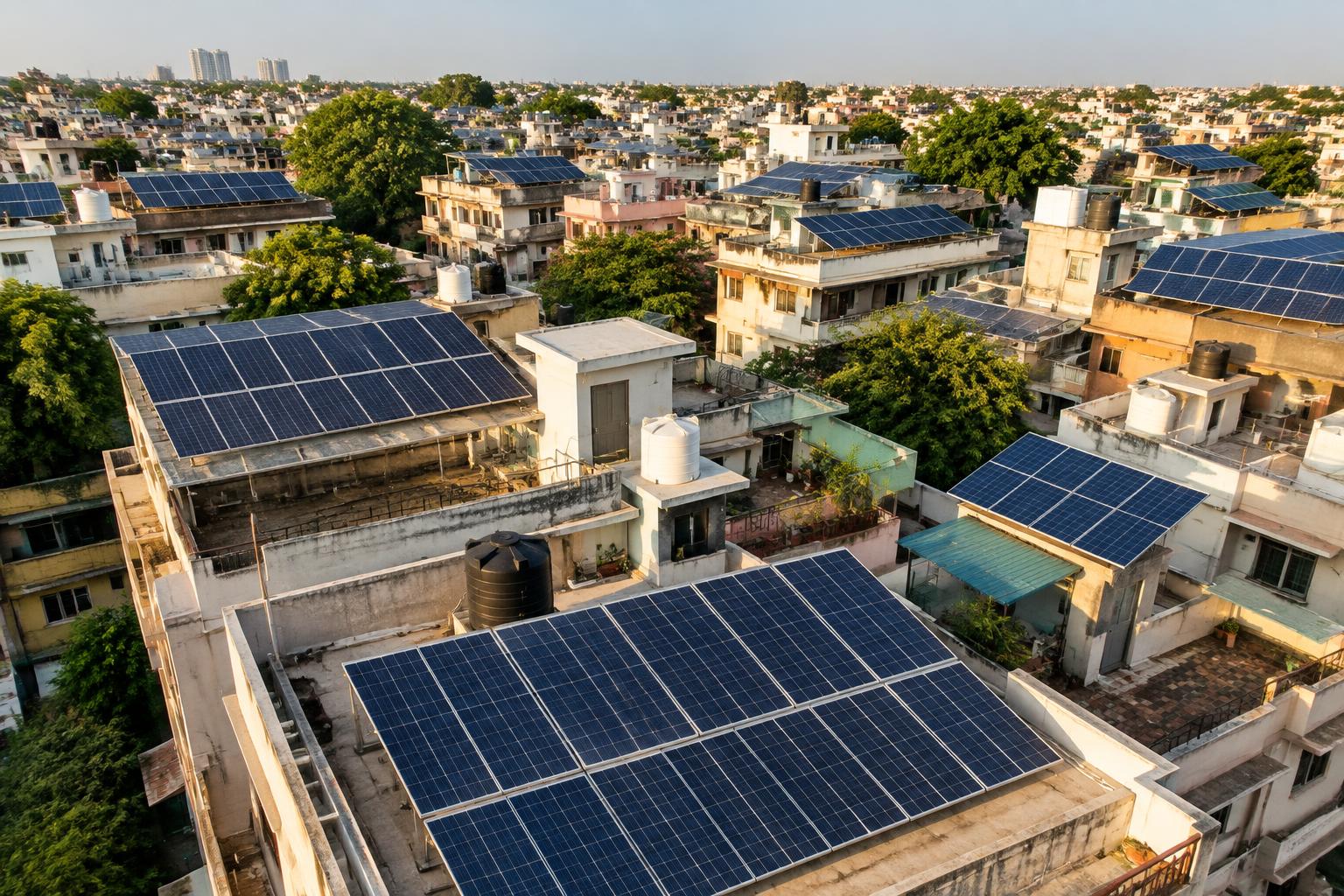 Rooftop solar panels installed across dense Delhi residential buildings