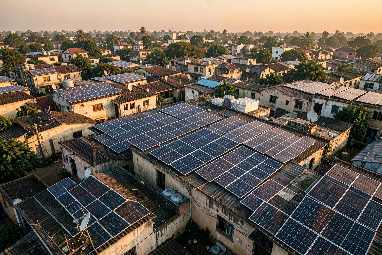 Aerial view of Indian residential rooftops fitted with solar panels under the PM Surya Ghar Muft Bijli Yojana